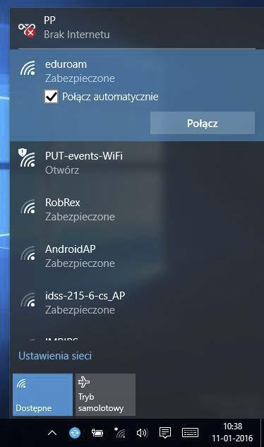 Politechnika Poznańska 6 Instalacja certyfikatu oraz konfiguracja WiFi w systemie Windows 10 Gdy pokaże się panel boczny, wybieramy myszką, lub palcem