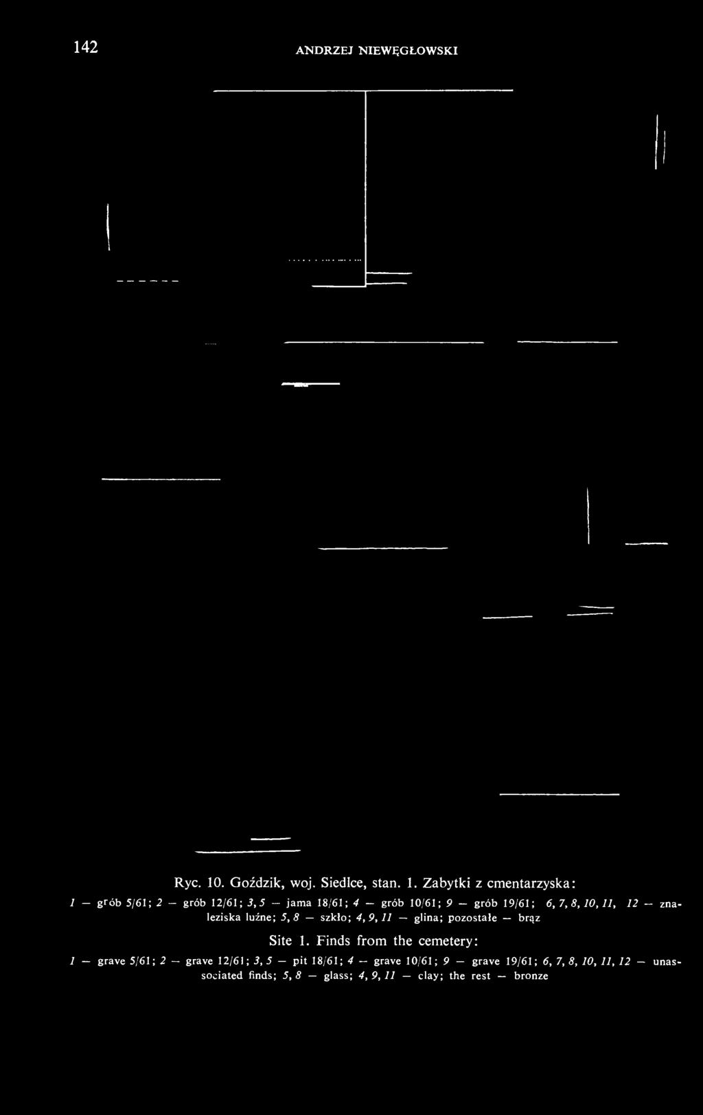 Zabytki z cmentarzyska: 1 - grób 5/61; 2 - grób 12/61; 3,5 - jama 18/61; 4 - grób 10/61; 9 - grób 19/61;