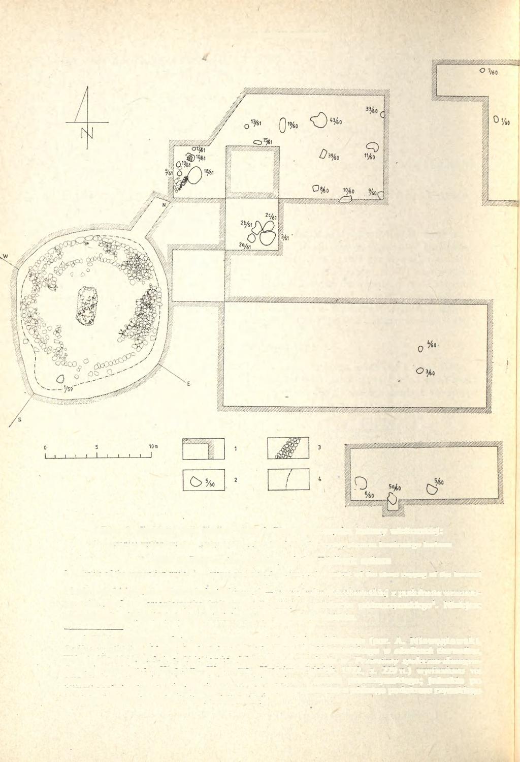 132 ANDRZEJ NIEWĘGŁOWSKI Ryc. 2. Goździk, woj. Siedlce, stan. 1. Plan cmentarzyska kultury wielbarskiej : 1 granice wykopów; 2 groby i jamy; 3 kamienie; 4 zasięg płaszcza kamiennego kurhanu Site 1.