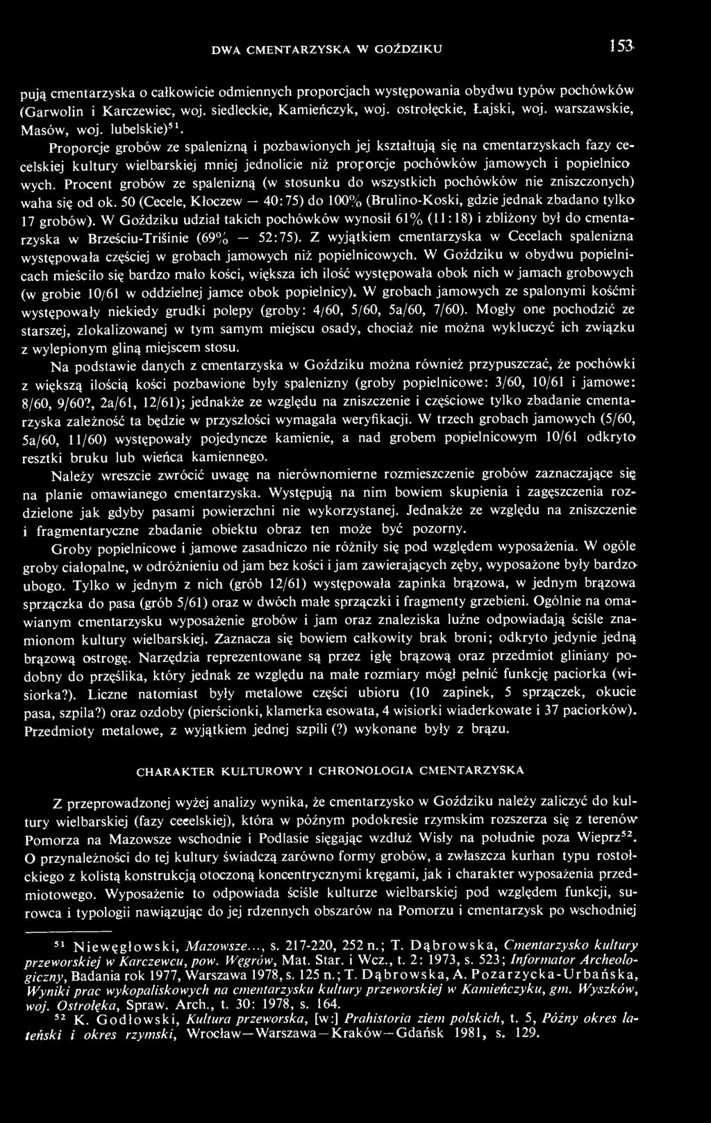 Proporcje grobów ze spalenizną i pozbawionych jej kształtują się na cmentarzyskach fazy cecelskiej kultury wielbarskiej mniej jednolicie niż proporcje pochówków jamowych i popielnico wych.