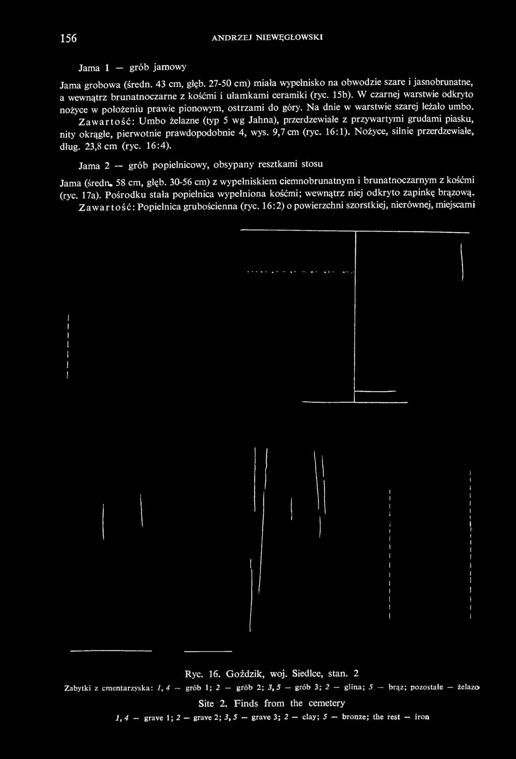 Zawartość: Umbo żelazne (typ 5 wg Jahna), przerdzewiałe z przywartymi grudami piasku, nity okrągłe, pierwotnie prawdopodobnie 4, wys. 9,7 cm (ryc. 16:1). Nożyce, silnie przerdzewiałe, dług.