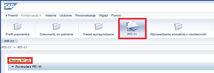 Aby pobrać PIT 11 należy kliknąć przycisk w