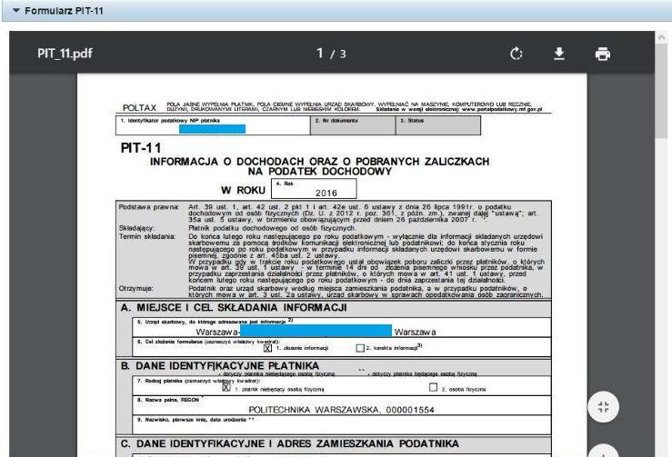 Wygenerowany plik można zapisać na dysku klikając przycisk lub wydrukować klikając przycisk, znajdujące się w prawym górnym rogu okna z dokumentem.