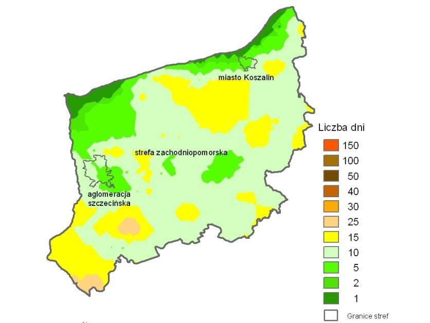 Rysunek I.1.8 Liczba dni ze stężeniami 8-godzinnymi ozonu wyższymi niż 120 µg/m 3 na stanowiskach pomiarowych w województwie zachodniopomorskim według oceny za 2010 i 2011 r.