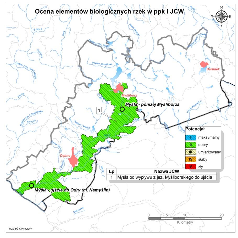 Tabela I.2.2. Wyniki oceny w punktach pomiarowych i jednolitej części wód Nazwa elementu jakości wód Myśla - poniżej Myśliborza Myśla - ujście do Odry (m. Namyślin) OCENA JCW Myśla od wypływu z Jez.