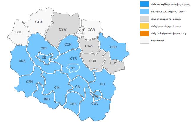 PROGNOZA NA 2017, WOJEWÓDZTWO KUJAWSKO-POMORSKIE RELACJA MIĘDZY DOSTĘPNĄ SIŁĄ ROBOCZĄ A ZAPOTRZEBOWANIEM NA PRACOWNIKÓW W GRUPIE ZAWODÓW SPECJALIŚCI OCHRONY ŚRODOWISKA WG POWIATÓW Źródło: