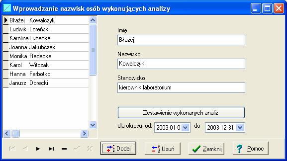 - 9 - Okno Wprowadzanie nazwisk osób wykonujących analizy Nazwiska osób są wprowadzane w celu powiązania każdej analizy z konkretna osoba.