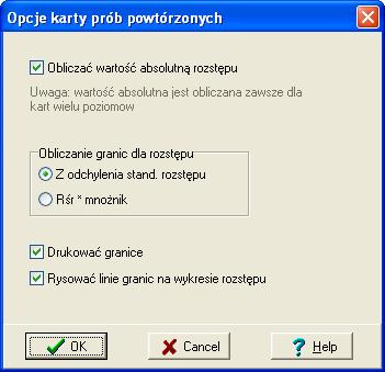 - 31 - Okno Opcje karty prób powtórzonych Znaczenie poszczególnych opcji: Obliczać wartość absolutną rozstępu Obliczenia odchylenia rozstępu Jeżeli opcja jest włączona to wartość rozstępu będzie