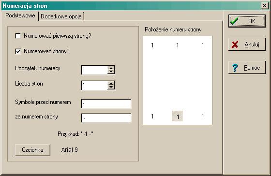 - 46 - Okno - "Numeracja stron i opcje podglądu wydruku" Dostępne są następujące opcje: Numerować strony? - jeżeli ta opcja zostanie wyłączona pozostałe opcje dotyczące numeracji stron nie mają sensu.