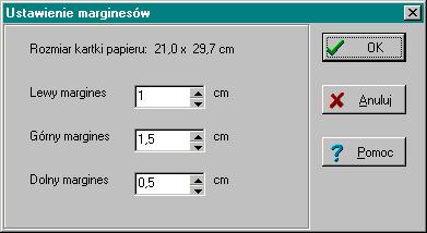 - 51 - Okno - "Ustawienie marginesów" W tym oknie użytkownik może ustawić własne wartości marginesów lewego i górnego.