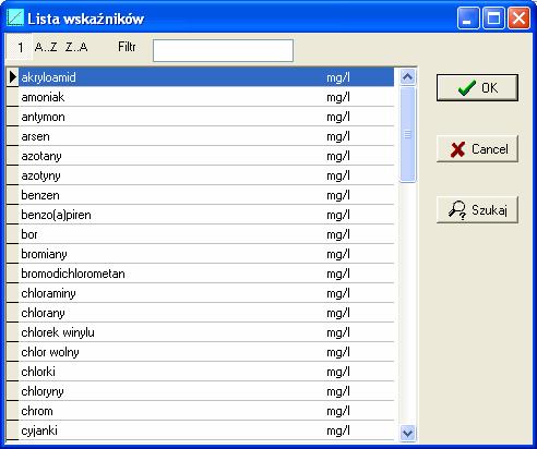 - 9 - Okno Lista wskaźników Okno służy do sortowania i wyszukiwania wskaźników.