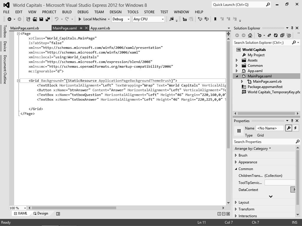 16 Microsoft Visual Basic 2012 Krok po kroku Ekran powinien wyglądać następująco: W oknie Code Editor wyświetlony jest kod XAML pliku MainPage.