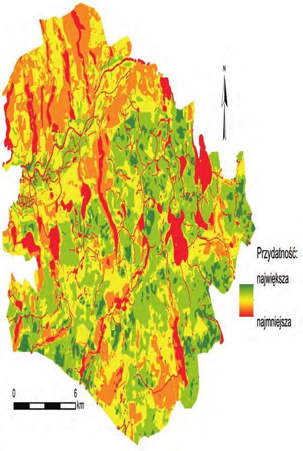 Ryc. 2. Graficzna prezentacja przydatności środowiska dla gospodarki rolnej w Sierakowski Parku Krajobrazowym w oparciu o analizę wielokryterialną. Fig. 2. Graphical presentation of environmental suitability for agricultural use in Sierakowski Landscape Park based on multiple criteria analysis Źródło: opracowanie własne.