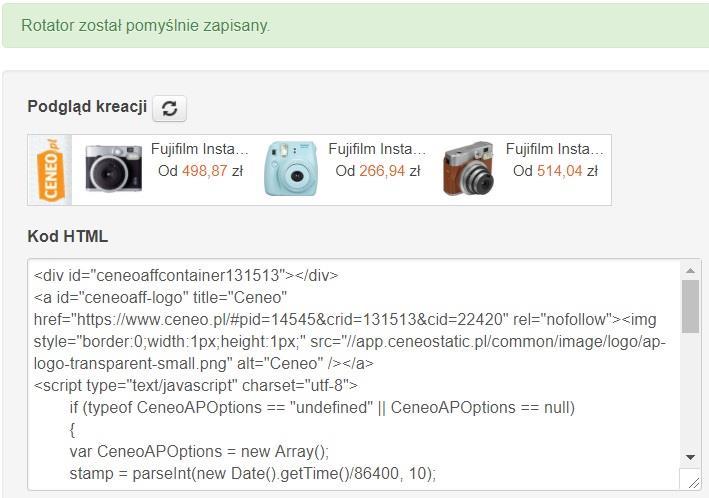 Zatwierdzenie operacji za pomocą przycisku Zapisz wyświetli podgląd kreacji i kod HTML do wklejenia na Twoją stronę. III.