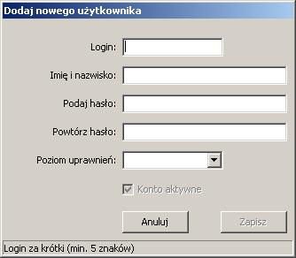 3.2 Dodawanie użytkowników W celu dodania nowego użytkownika należy w zakładce użytkownicy okna ustawień programu wybrać pozycję nowy użytkownik : Po wybraniu opcji otworzy się okno Dodaj nowego