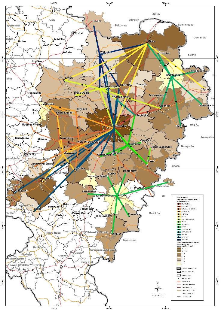 Rysunek 7. Suma powiązań kierowanych do gmin będących celami pożądanych powiązań. (Źródło: opracowanie własne IRT) Na południu Wrocławia znaczne potrzeby w zakresie kontaktów wskazuje Strzelin.