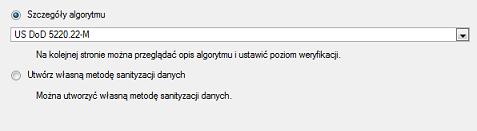 Na stronie Metoda wymazywania, wybierz określony algorytm wymazywania danych lub utwórz niestandardowy (w tym przykładzie wybraliśmy standard wojskowy).