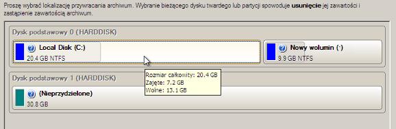 54 5. Na stronie Co przywrócić wyświetlane są szczegółowe informacje dotyczące zawartości archiwum. Należy wybrać żądany element do przywrócenia. W naszym przypadku jest nim pierwsza partycja dysku.