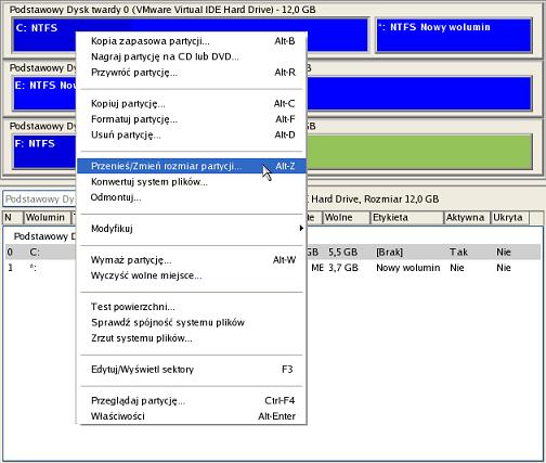 88 5. Wybierz partycję systemową i wywołaj menu kontekstowe dla niej (klikając prawym przyciskiem myszy) w celu uruchomienia okna Przenieś / Zmień rozmiar. 6.
