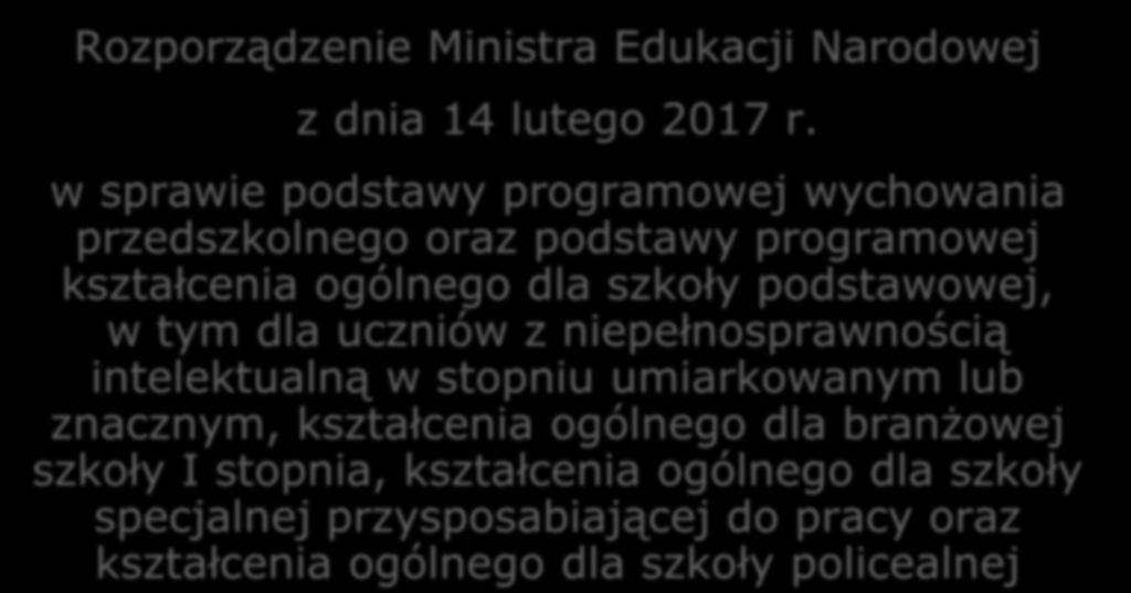 Podstawa prawna Ustawa z dnia 14 grudnia 2016 r. - Prawo Oświatowe Rozporządzenie Ministra Edukacji Narodowej z dnia 14 lutego 2017 r.