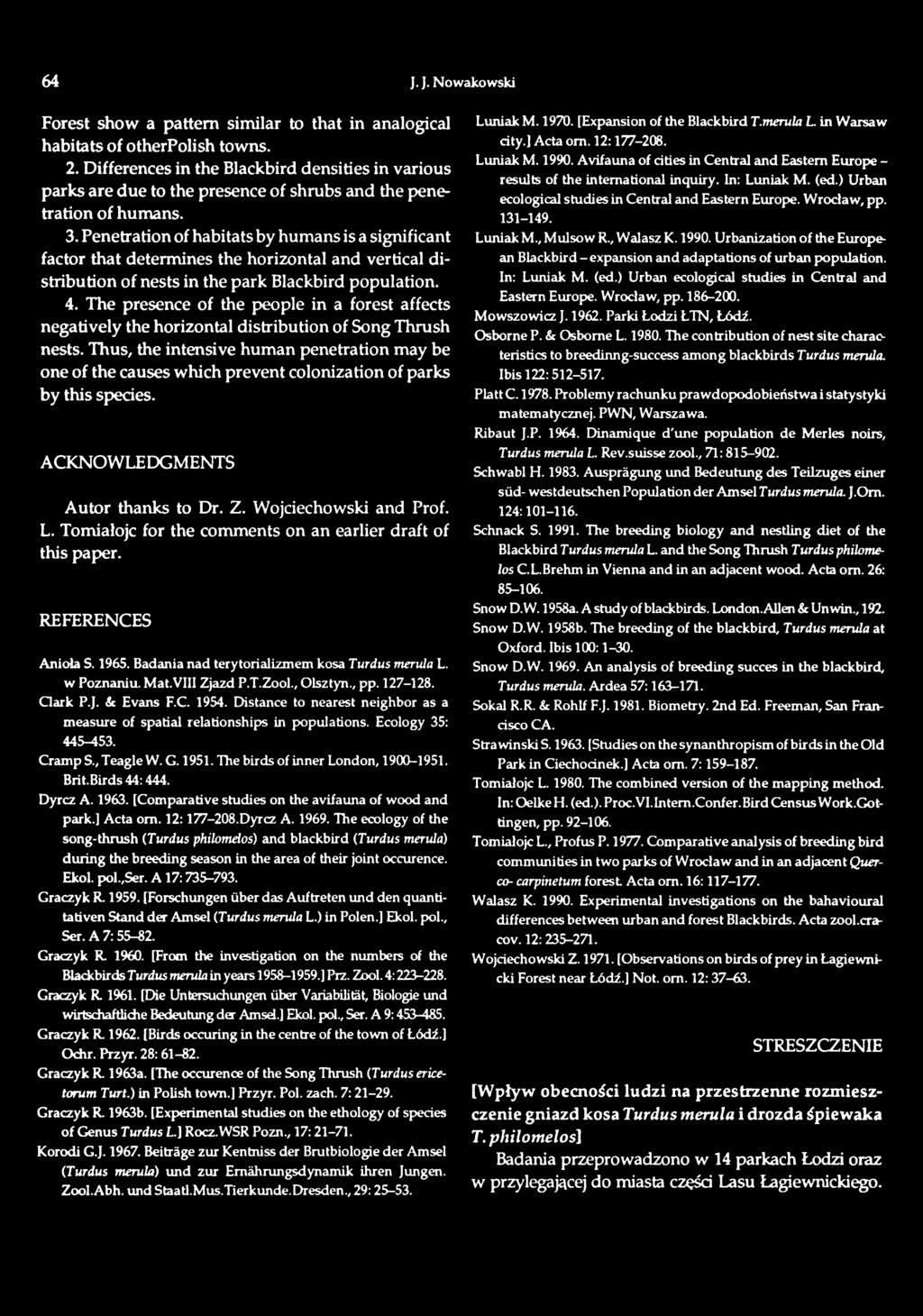 Thus, the intensive human penetration may be one of the causes which prevent colonization of parks by this species. ACKNOWLEDGMENTS Autor thanks to Dr. Z. Wojciechowski and Prof. L.