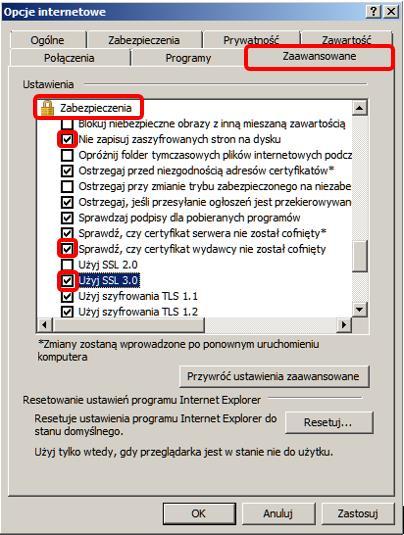 zaszyfrowanych stron na dysku] [Sprawdź czy certyfikat wydawcy nie został cofnięty], [Użyj SSL 3.