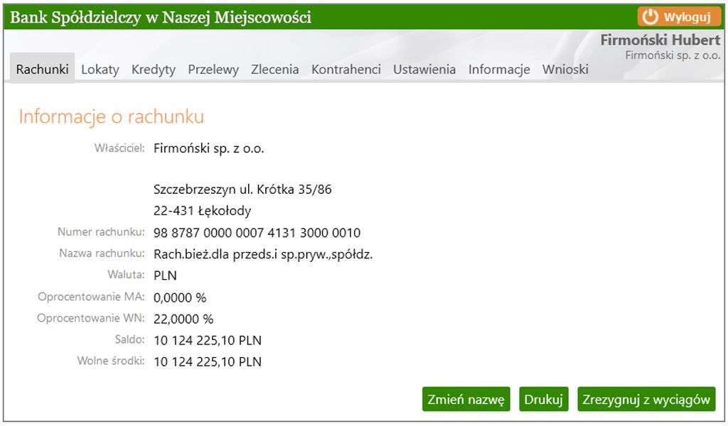 Rys. 5 Okno Informacje o rachunku Oprócz informacji o rachunku użytkownik ma również do wyboru następujące polecenia: Zmień nazwę zmiana bankowej nazwy rachunku na własną; powrót do nazwy nadanej