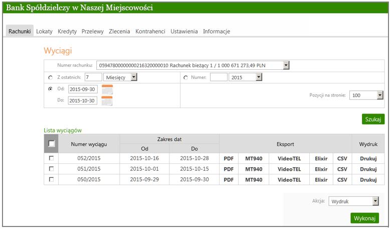 Rys. 9 Okno Wyciągi Okno Wyciągi pokazuje Listę wyciągów w postaci tabeli z danymi: Numer rachunku z rozwijanej listy można wybrać rachunek z dostępnych dla klienta rachunków, Z ostatnich wybór