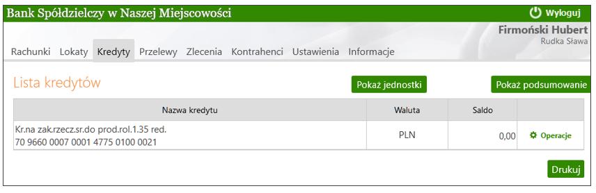 8. Kredyty Serwis umożliwia obsługę dostępnych kredytów przez: przeglądanie lub wydruk szczegółowych danych kredytu, m.in.