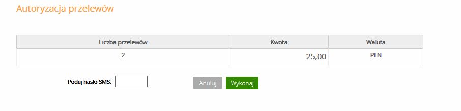 Następnie w wyświetlonym oknie Autoryzacja przelewów należy wpisać hasło jednorazowe i zatwierdzić przyciskiem Wykonaj. Rys.