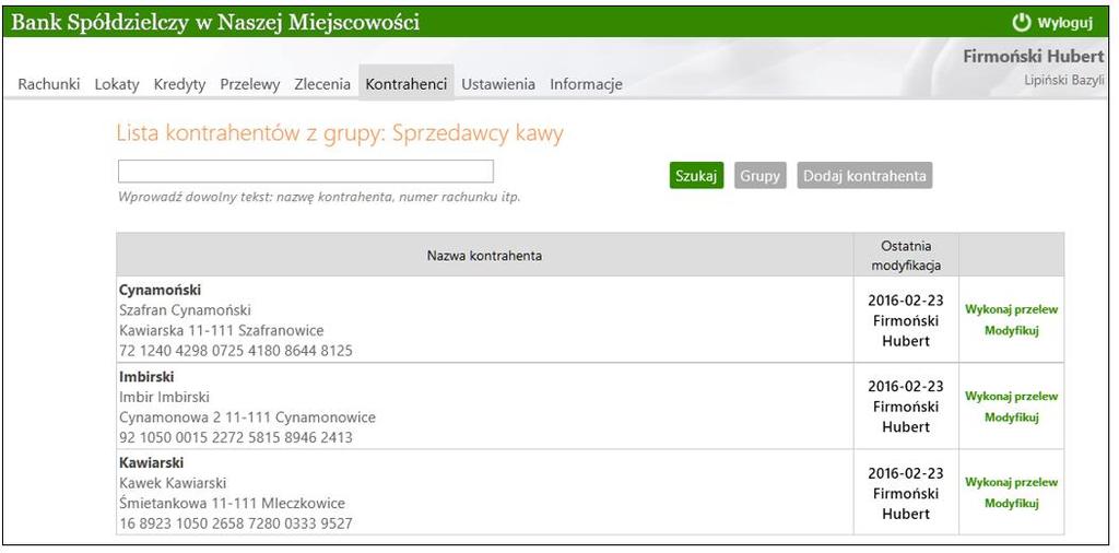 11.2. Lista kontrahentów Poprzez kliknięcie w nazwę grupy, otwiera się okno Lista kontrahentów z grupy (Rys. 40), zawierające kontrahentów z wybranej grupy.