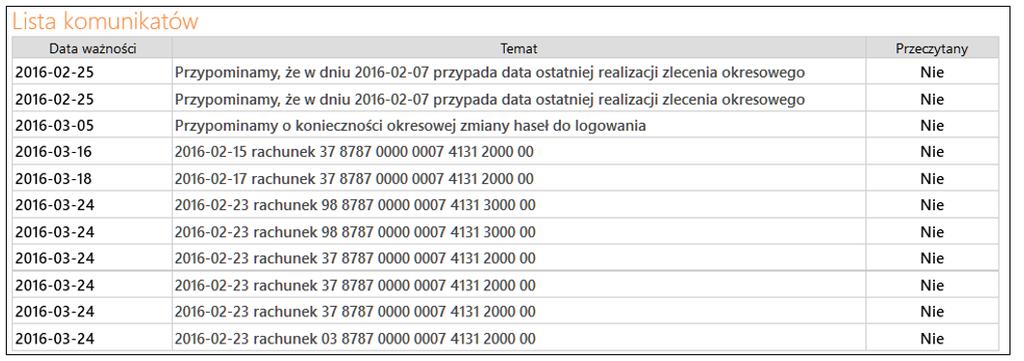 13. Informacje Serwis udostępnia, poprzez menu Informacje, następujące dodatkowe usługi: Komunikaty przysłane przez Bank (Rys. 53); Logowanie zdarzeń, czyli dziennik zdarzeń (Rys.