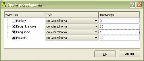 Ryc. 13 Opcje przyciągania (snap) 2.1.3 Edycja wierzchołków Edycja wierzchołków dotyczy warstw shp oraz PostgreSQL/PostGIS.