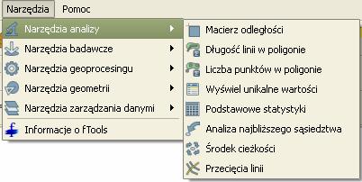 4 Narzędzia (ftools) Narzędzia ftools do przetwarzania danych przestrzennych i analiz, zostały dodane w wersji 1.0.2 QGIS.