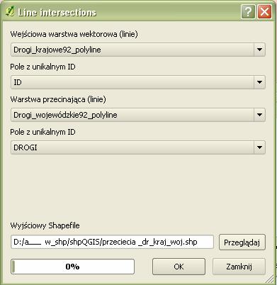 4.1.8 Przecięcie linii (Line intersections) Ryc. 17 Przecięcia linii Lokalizuje przecięcia pomiędzy liniami i tworzy z nich warstwę punktową.