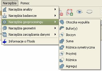 4.3 Narzędzia geoprocesingu 4.3.1 Otoczka wypukła (Convex hulls) Tworzy warstwę z najmniejszym poligonem (otoczką) zawierającym całą warstwę lub poligonami okalającymi poszczególne jej obiekty,