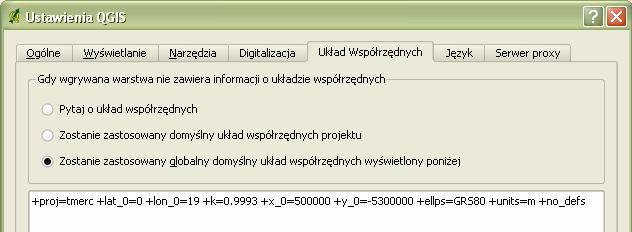 2 Właściwości projektu QGIS nie pobiera własności układu współrzędnych z pierwszej wczytywanej warstwy, dlatego, jeśli wyświetlamy warstwy nie posiadające pliku z definicją układu (np.