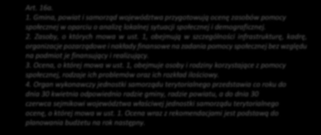 4) analizie i ocenie zjawisk rodzących zapotrzebowanie na świadczenia z pomocy społecznej; Gminy, powiaty i samorządy województwa mają też obowiązek dokonywać oceny zasobów pomocy społecznej w