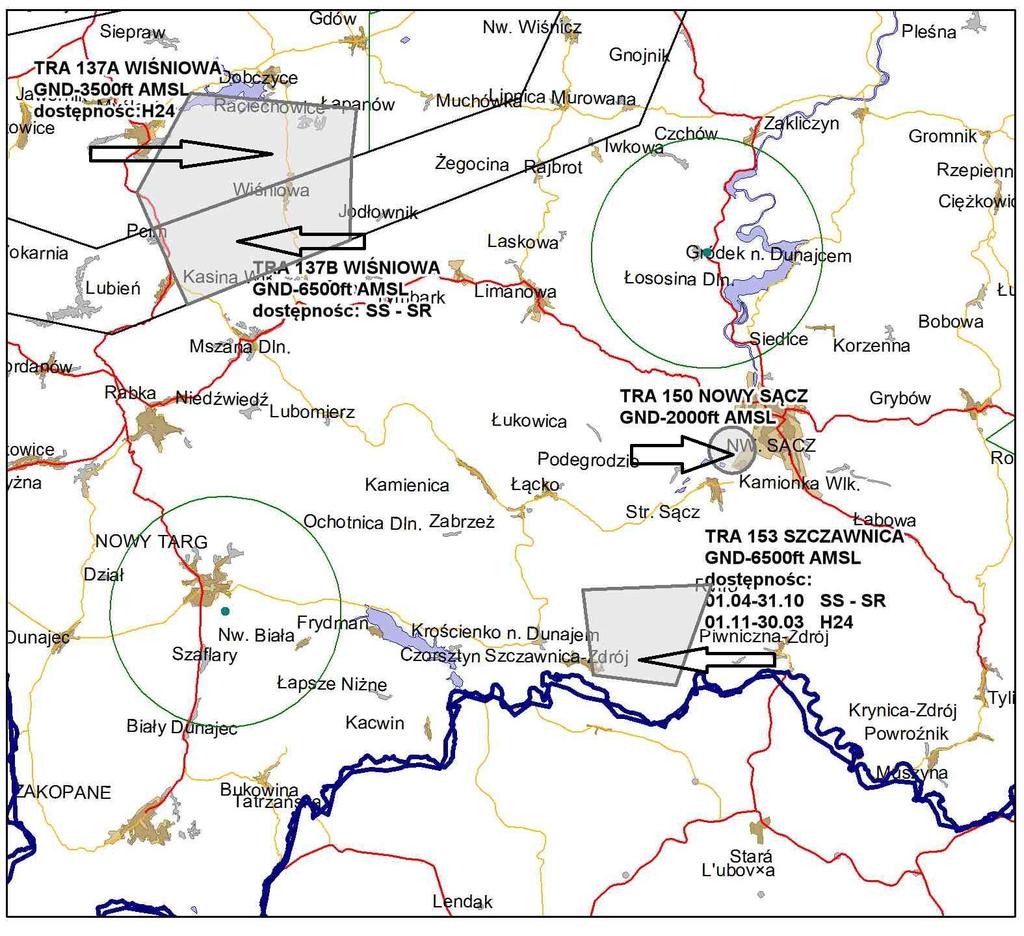 Rys. 4 - TRA 153 / GND- 6500ft AMSL Szczawnica / TRA 150 / GND- 2000ft AMSL Nowy Sącz / TRA 137A /