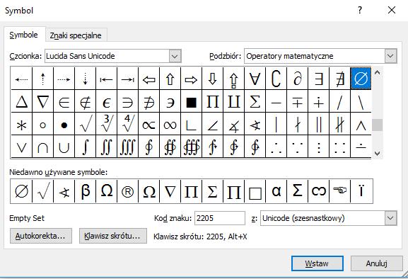 Wstawianie symboli. Aby wstawić do tekstu symbol, którego nie mamy na klawiaturze, należy kliknąć w zakładkę Wstawianie, a następnie kliknąć w ikonę Symbol.