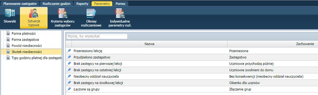 Konfigurowanie parametrów Zastępstwo przypadkowe dotyczy sytuacji, gdy nauczyciel przyjmujący zastępstwo nie uczy w danym oddziale, ani też nie uczy przedmiotu nauczyciela nieobecnego.