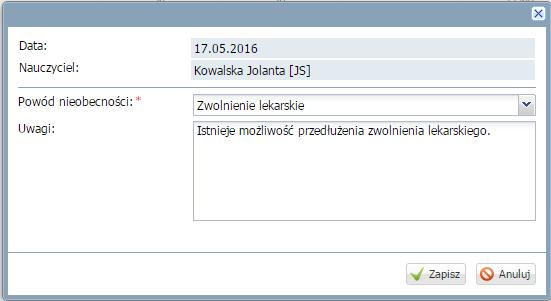 nieobecności. Zapisać zmiany.