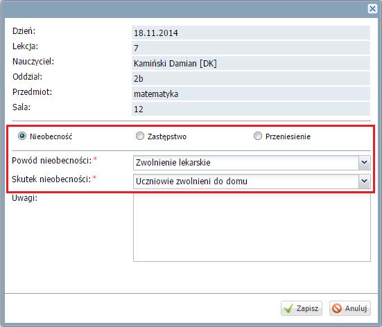 W wyświetlonym oknie zaznaczyć, że jest Nieobecność, określić powód i skutek nieobecności. Zapisać zmianę.