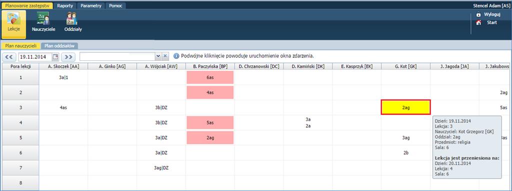Lekcja wynikająca z planu lekcji, która została przeniesiona na inny termin podświetla się na żółto.