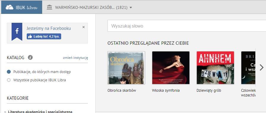 Po kliknięciu Dodaj wracamy do serwisu i tu w lewym górnym rogu pojawia się informacja, do jakiego zasobu mamy dostęp Warmińsko Mazurski Zasób Biblioteczny. Rysunek 37.