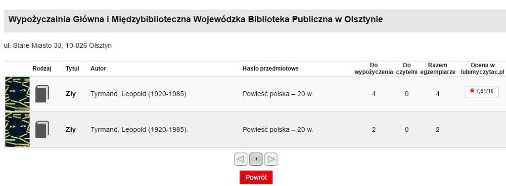 Wyszukiwanie listy bibliotek Te sześć dostępnych egzemplarzy znajduje się w Wypożyczalni Głównej i