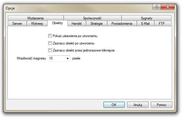 2.3 Obiekty (Narzędzia -> Opcje -> Obiekty) Do wyboru mamy następujące parametry: Pokaż ustawienia po utworzeniu opcja ta umożliwia natychmiastowe ustawianie parametrów obiektu zaraz po jego