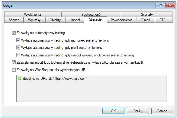 2.5 Strategie (Narzędzia -> Opcje -> Strategie) Zakładka ta pozwala na skonfigurowanie działania strategii zgodnie z potrzebami użytkownika.