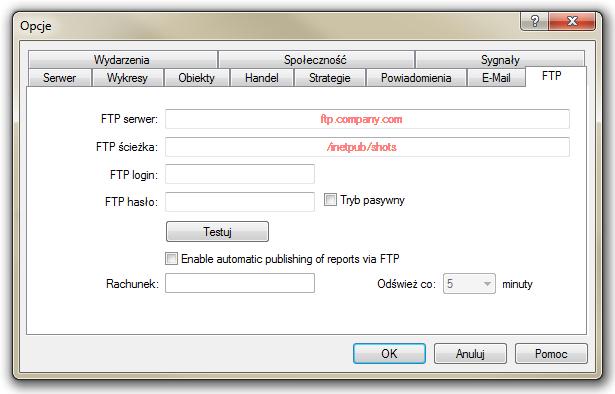 2.8 Publikator (Narzędzia -> Opcje -> FTP) Funkcja ta umożliwia automatyczne publikowanie raportów o stanie konta na stronie internetowej.