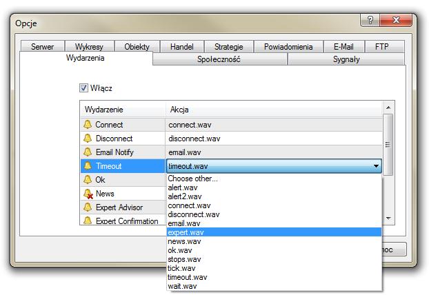 2.9 Wydarzenia (Narzędzia -> Opcje -> Wydarzenia) Zakładka ta pozwala dopasować sygnały dźwiękowe do konkretnych zdarzeń.